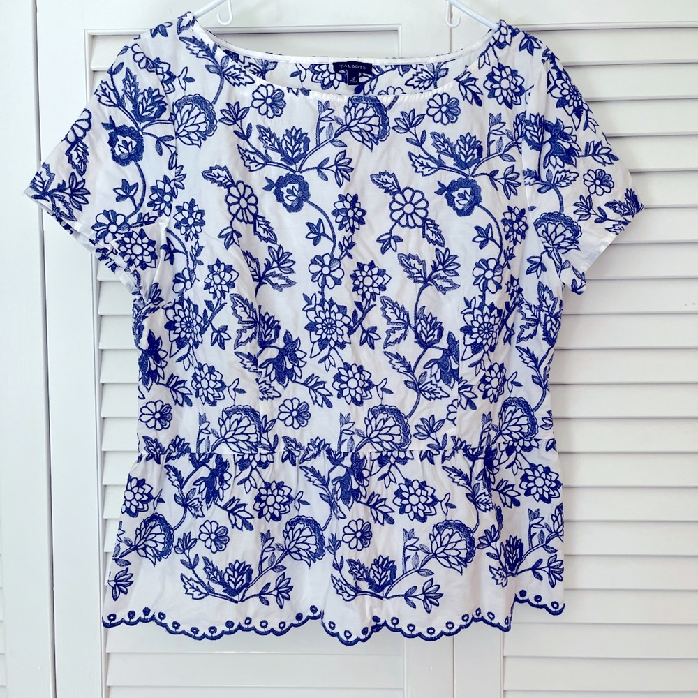 Talbots White & Blue Embroidered Top